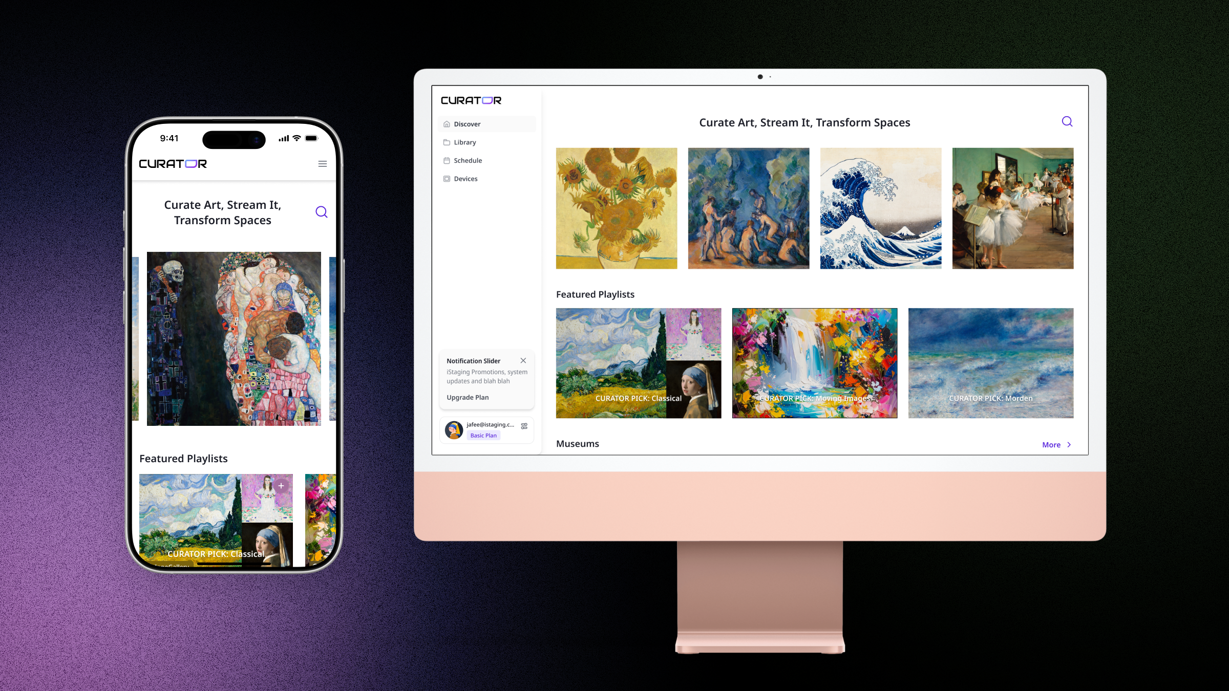 The CURATOR CMS dashboard showing multi-device content management