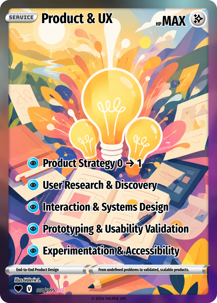 Collectible card — Product & UX: product strategy 0 to 1, user research and discovery, interaction and systems design, prototyping and usability validation, experimentation and accessibility.